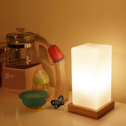 Nordic Cube Wood Frosted Glass Table Lamp Touch Remote Three Colour Temps G9 USB