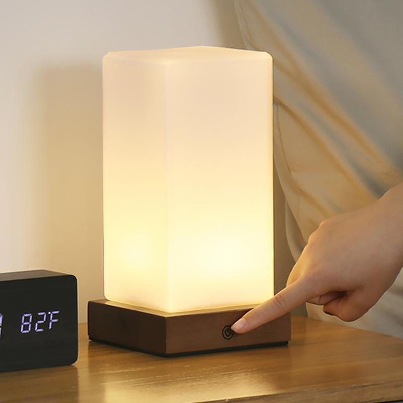 Nordic Cube Wood Frosted Glass Table Lamp Touch Remote Three Colour Temps G9 USB