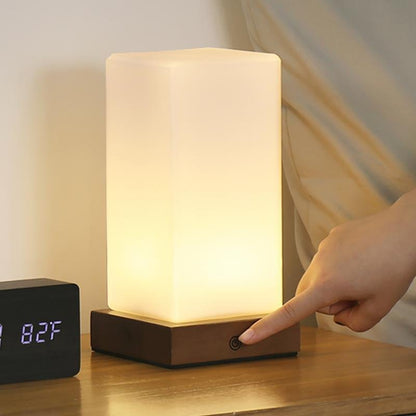 Nordic Cube Wood Frosted Glass Table Lamp Touch Remote Three Colour Temps G9 USB