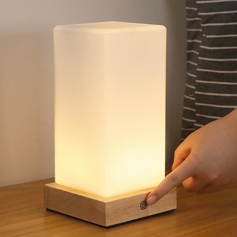 Nordic Cube Wood Frosted Glass Table Lamp Touch Remote Three Colour Temps G9 USB