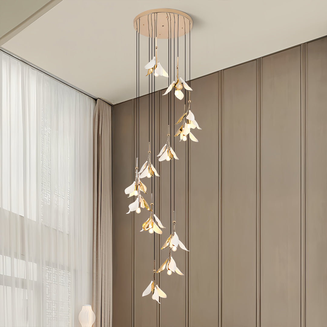 Staircase Chandelier Ceramic Flower Gold Iron E27 Vintage 4-30 Head Warm White
