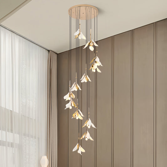 Staircase Chandelier Ceramic Flower Gold Iron E27 Vintage 4-30 Head Warm White