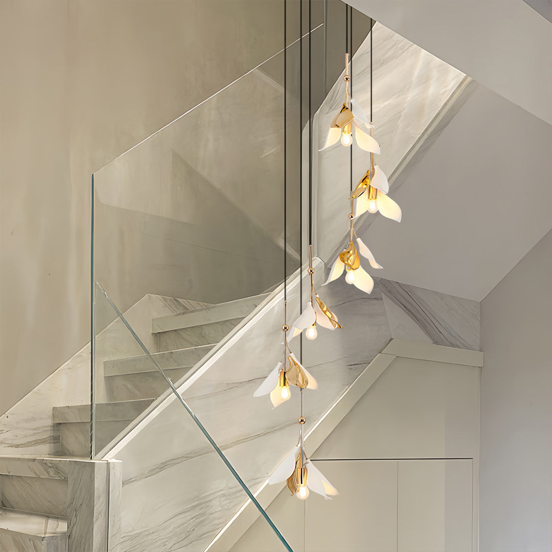 Staircase Chandelier Ceramic Flower Gold Iron E27 Vintage 4-30 Head Warm White