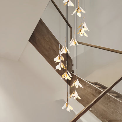 Staircase Chandelier Ceramic Flower Gold Iron E27 Vintage 4-30 Head Warm White