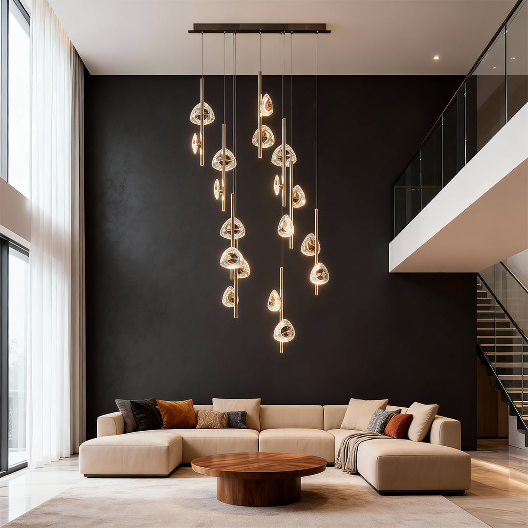 Staircase Chandelier Aluminium Crystal 20-Head Staggered Asymmetric Cascade Integrated LED Terracotta Gold Modern 3-Step Colour Temperature