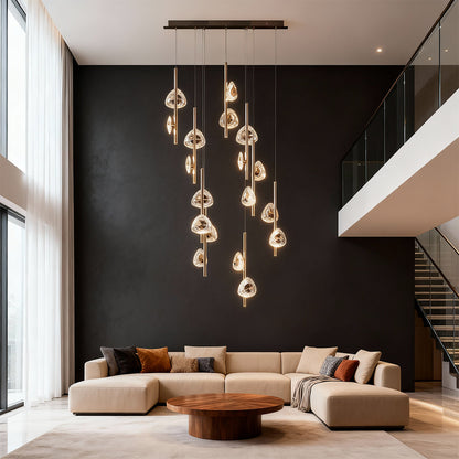 Staircase Chandelier Aluminium Crystal 20-Head Staggered Asymmetric Cascade Integrated LED Terracotta Gold Modern 3-Step Colour Temperature