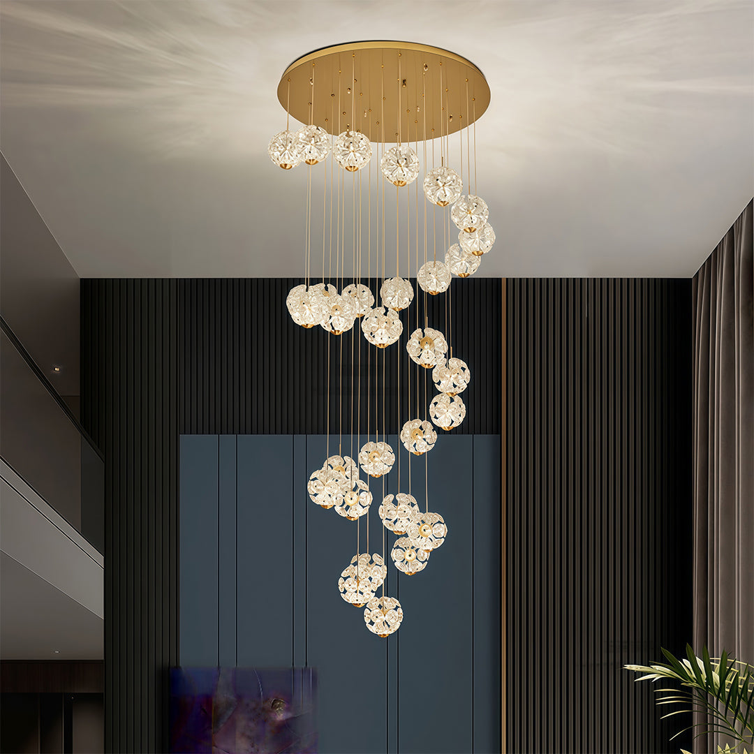 Staircase Chandelier Gold Crystal Ball Spiral LED 1-30 Head 3000K Warm White