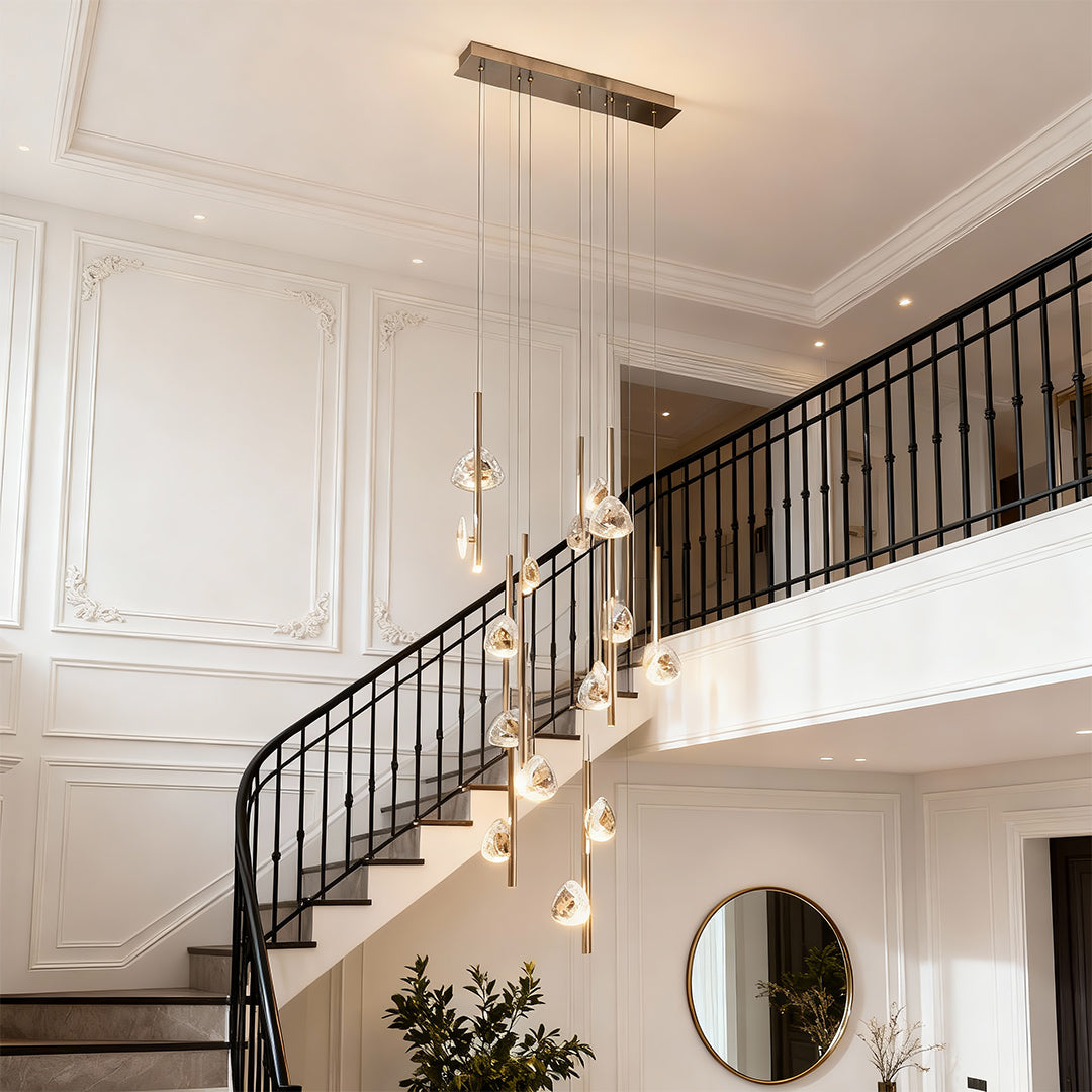 Staircase Chandelier Aluminium Crystal 20-Head Staggered Asymmetric Cascade Integrated LED Terracotta Gold Modern 3-Step Colour Temperature