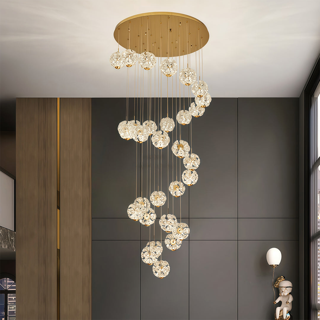 Staircase Chandelier Gold Crystal Ball Spiral LED 1-30 Head 3000K Warm White