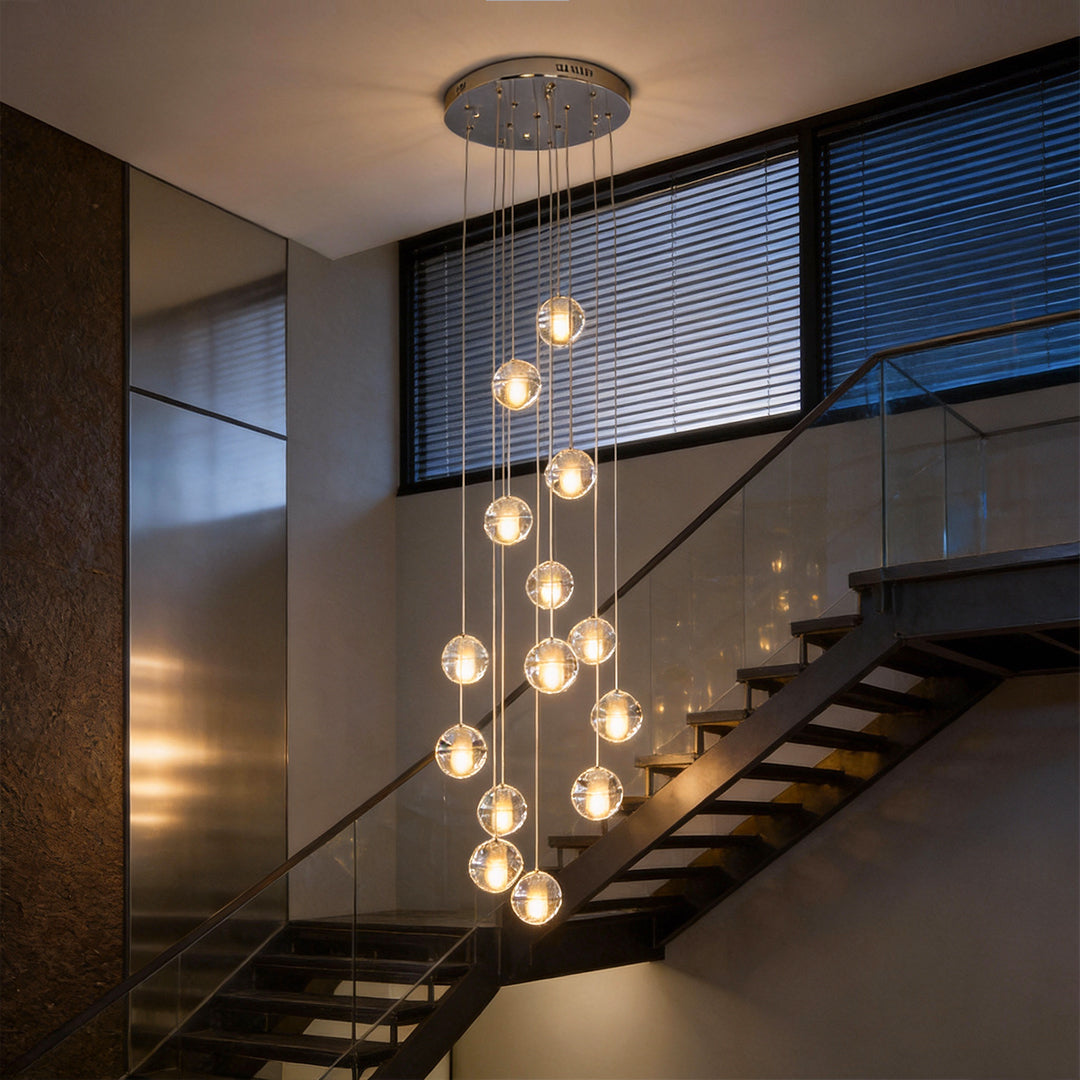 Crystal Ball Staircase Chandelier Electroplated Metal G4 LED 42W 3000K/6000K Clear Bubble 59'' Drop