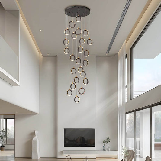 Silicone Ring Cluster Staircase Chandelier Black Gold Stainless Steel Dimmable 3000K–6000K Remote 7 Configurations