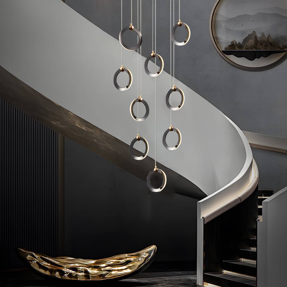 Silicone Ring Cluster Staircase Chandelier Black Gold Stainless Steel Dimmable 3000K–6000K Remote 7 Configurations