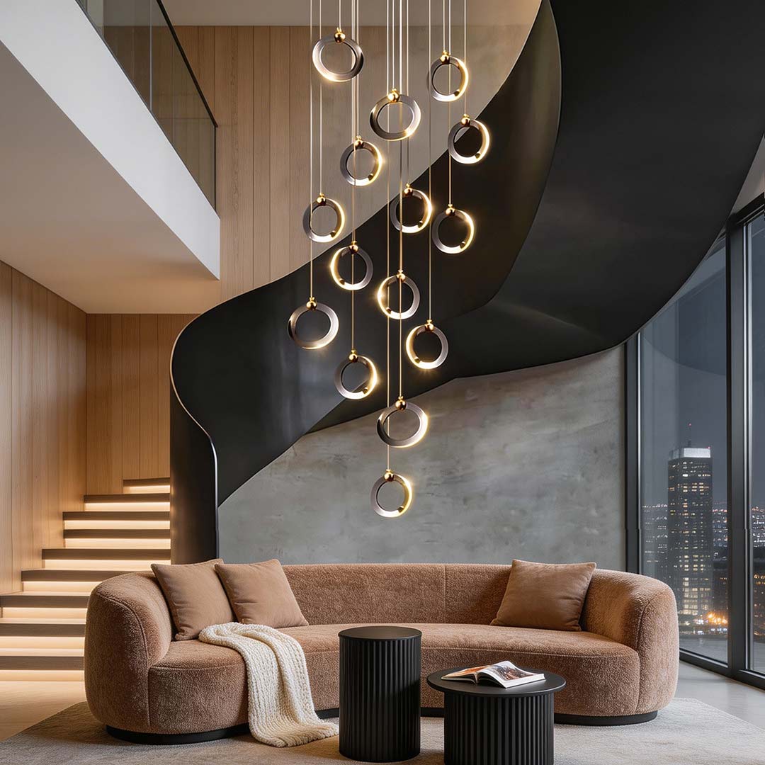 Silicone Ring Cluster Staircase Chandelier Black Gold Stainless Steel Dimmable 3000K–6000K Remote 7 Configurations