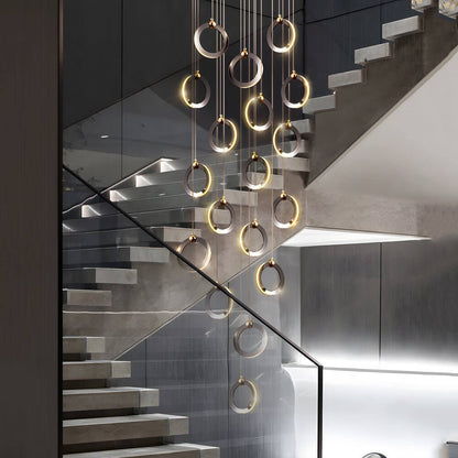 Silicone Ring Cluster Staircase Chandelier Black Gold Stainless Steel Dimmable 3000K–6000K Remote 7 Configurations