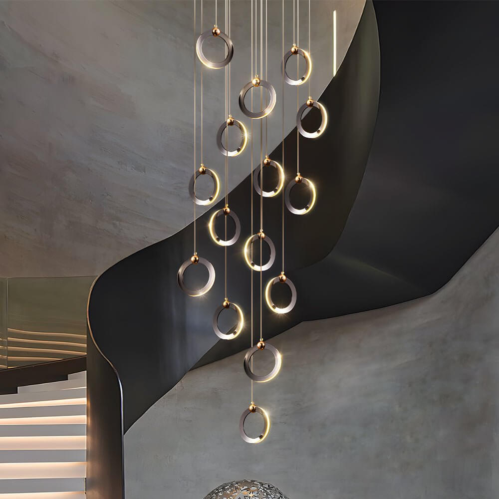 Silicone Ring Cluster Staircase Chandelier Black Gold Stainless Steel Dimmable 3000K–6000K Remote 7 Configurations
