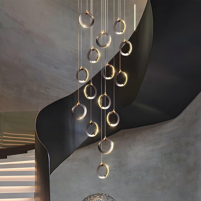 Silicone Ring Cluster Staircase Chandelier Black Gold Stainless Steel Dimmable 3000K–6000K Remote 7 Configurations