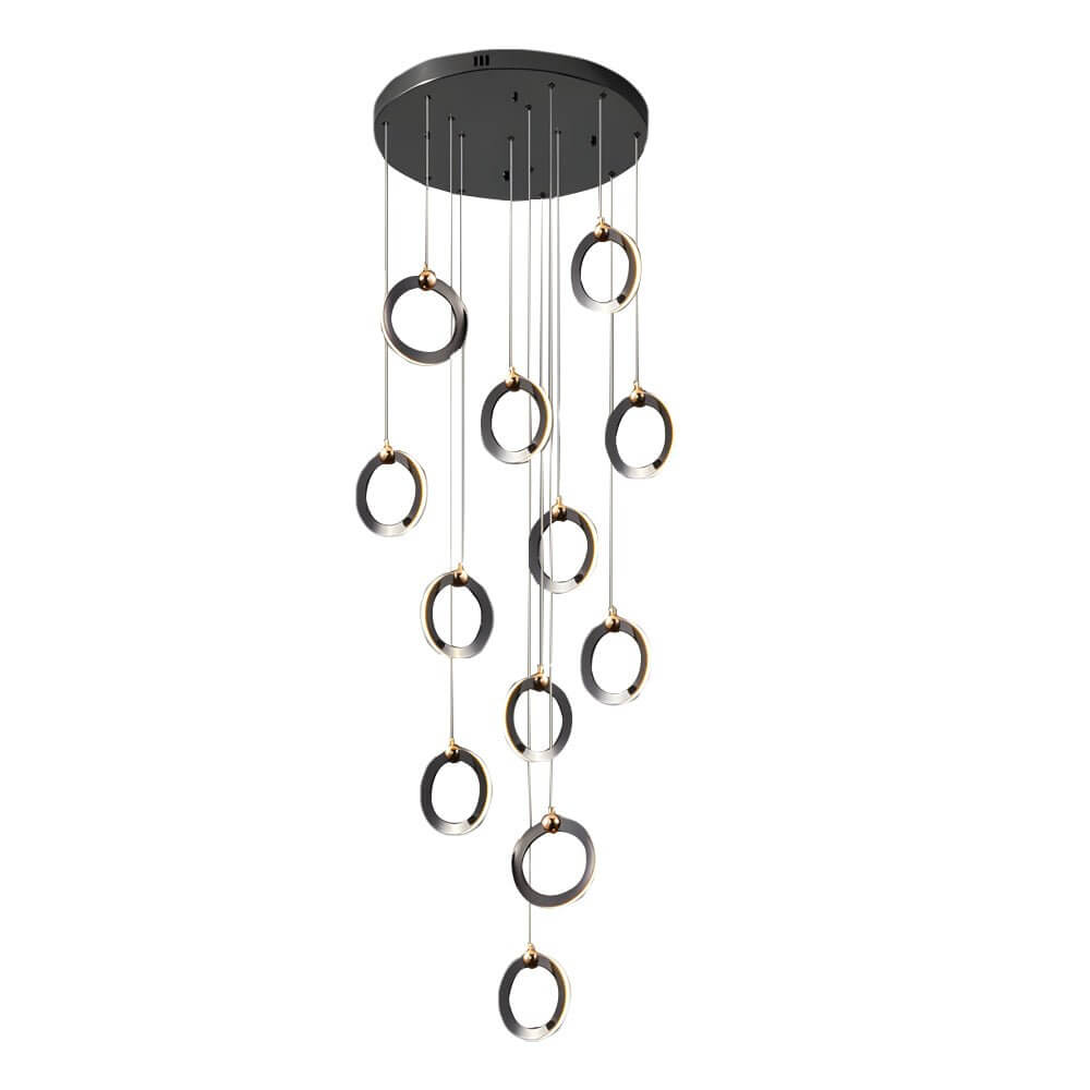 Silicone Ring Cluster Staircase Chandelier Black Gold Stainless Steel Dimmable 3000K–6000K Remote 7 Configurations