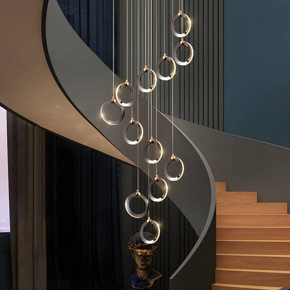 Silicone Ring Cluster Staircase Chandelier Black Gold Stainless Steel Dimmable 3000K–6000K Remote 7 Configurations