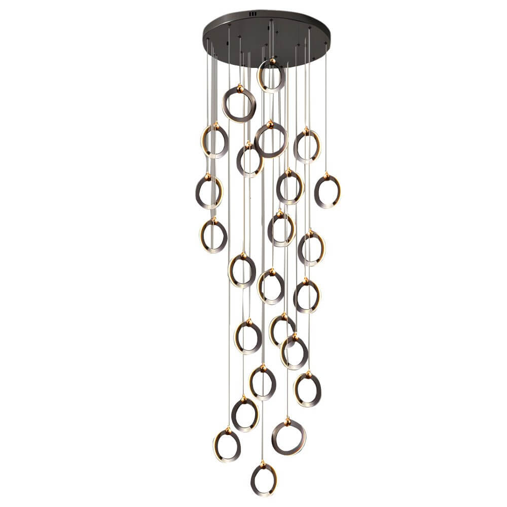 Silicone Ring Cluster Staircase Chandelier Black Gold Stainless Steel Dimmable 3000K–6000K Remote 7 Configurations