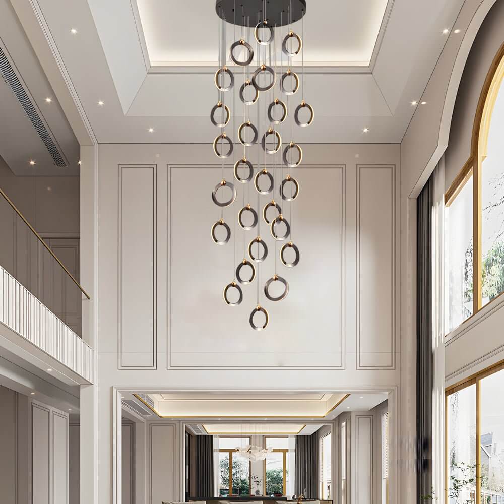 Silicone Ring Cluster Staircase Chandelier Black Gold Stainless Steel Dimmable 3000K–6000K Remote 7 Configurations