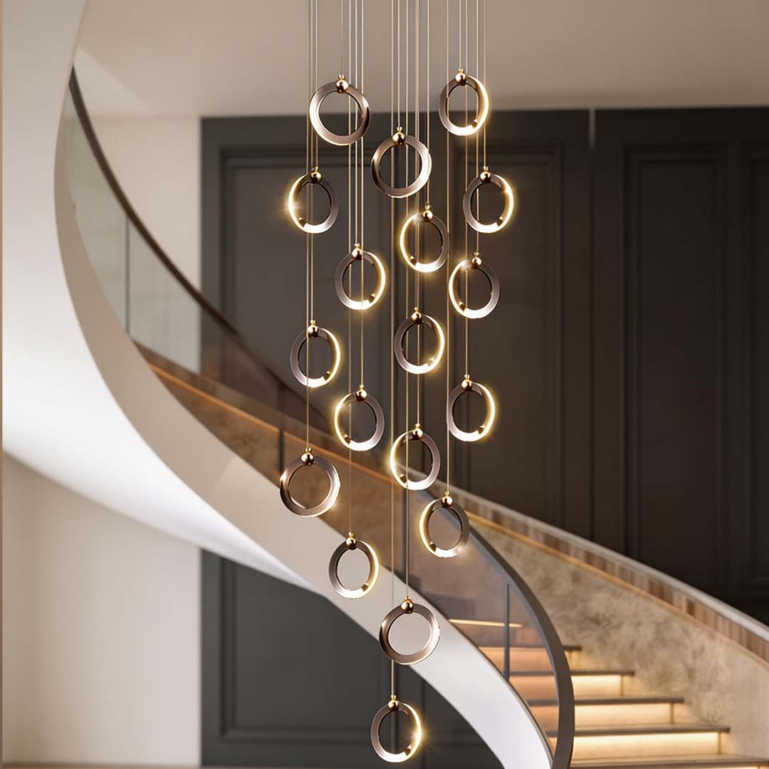 Silicone Ring Cluster Staircase Chandelier Black Gold Stainless Steel Dimmable 3000K–6000K Remote 7 Configurations