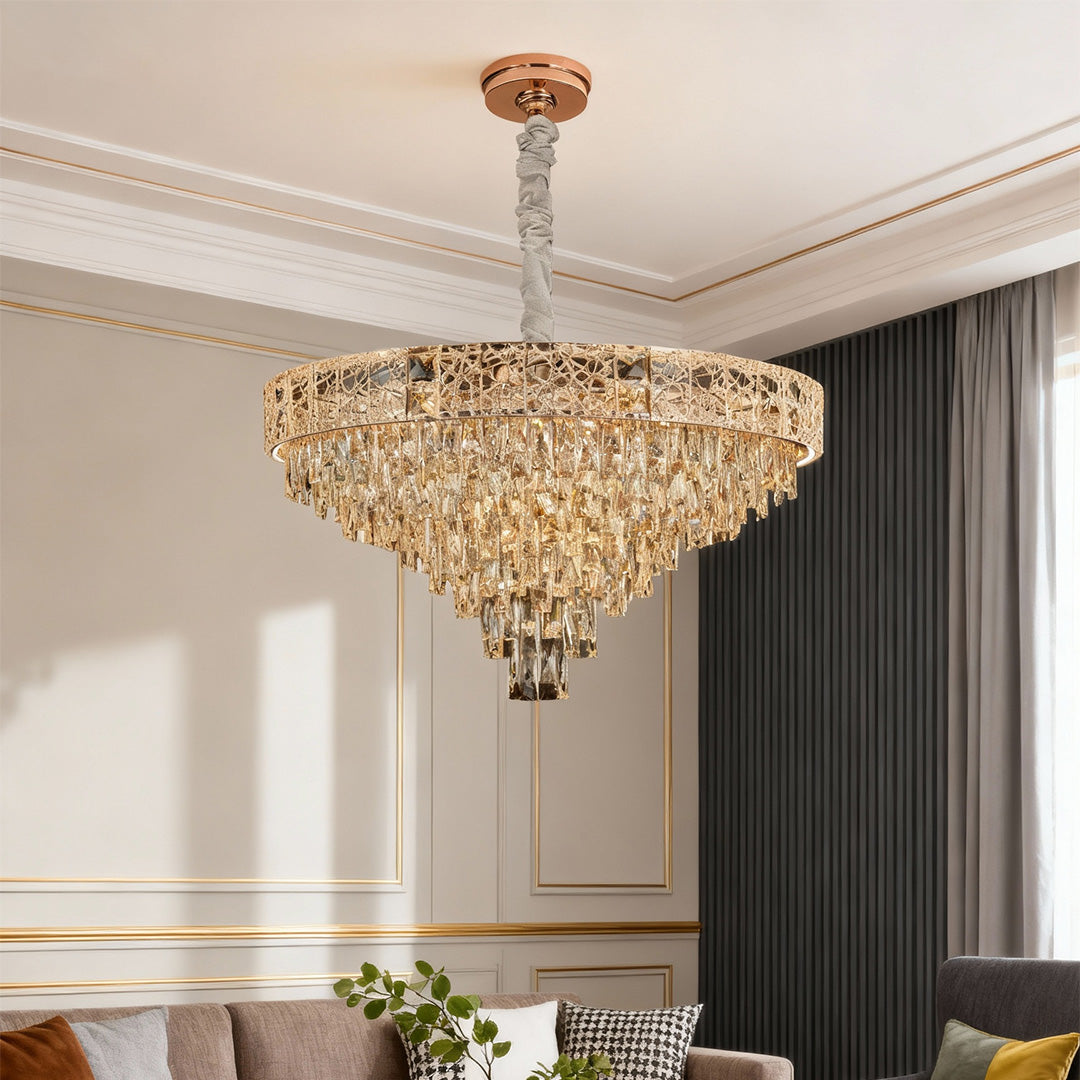 Crystal Chandelier Carbon Steel Champagne Gold European Tiered Hybrid LED E14 Multi-Layer Luxury
