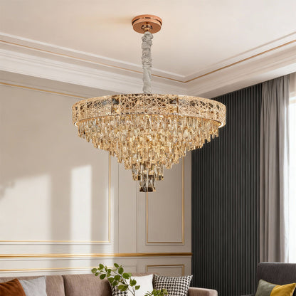 Crystal Chandelier Carbon Steel Champagne Gold European Tiered Hybrid LED E14 Multi-Layer Luxury