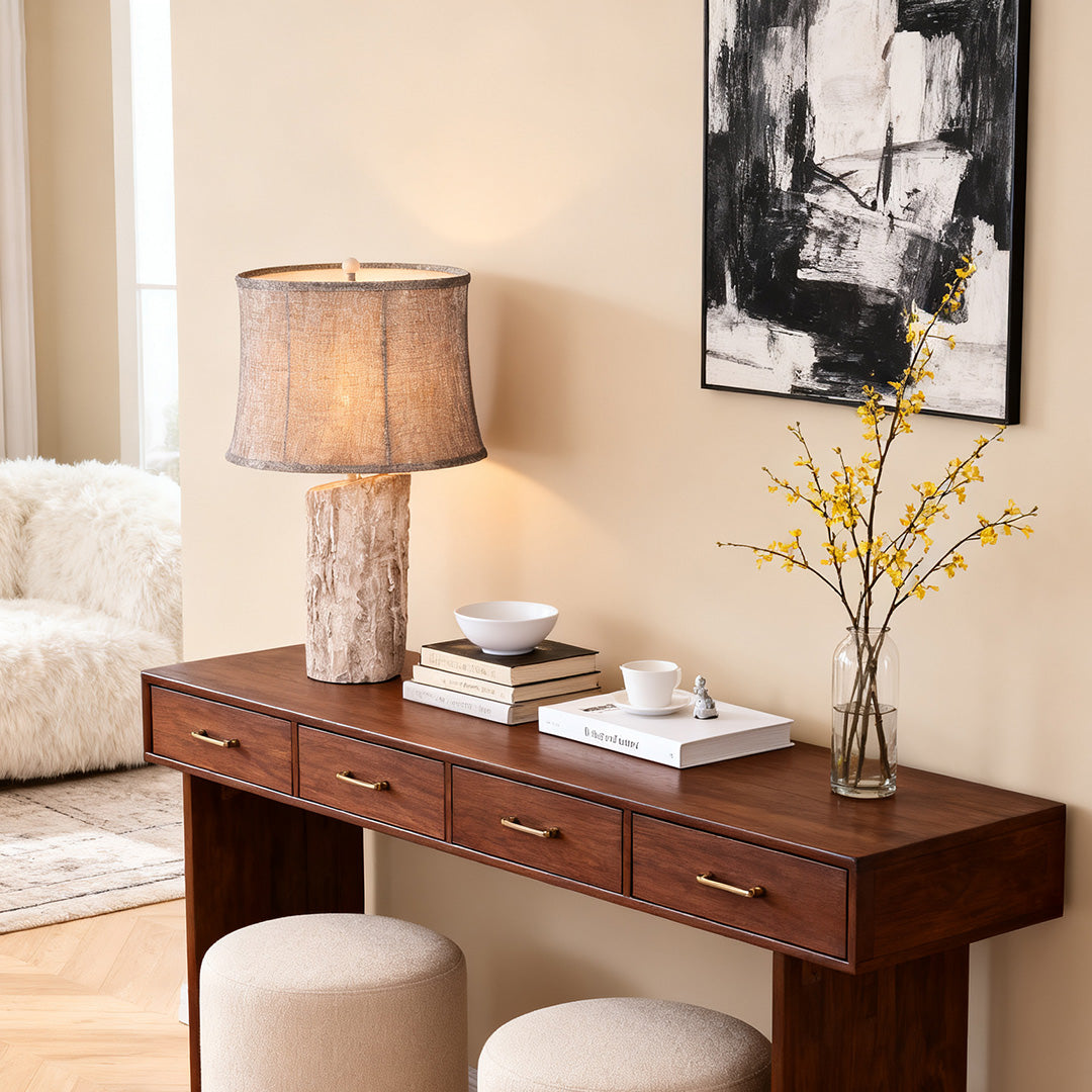 Rustic Table Lamp Bark Texture Resin Base Beige Fabric Shade E26 Bedside Living Room White 26.38 Inch