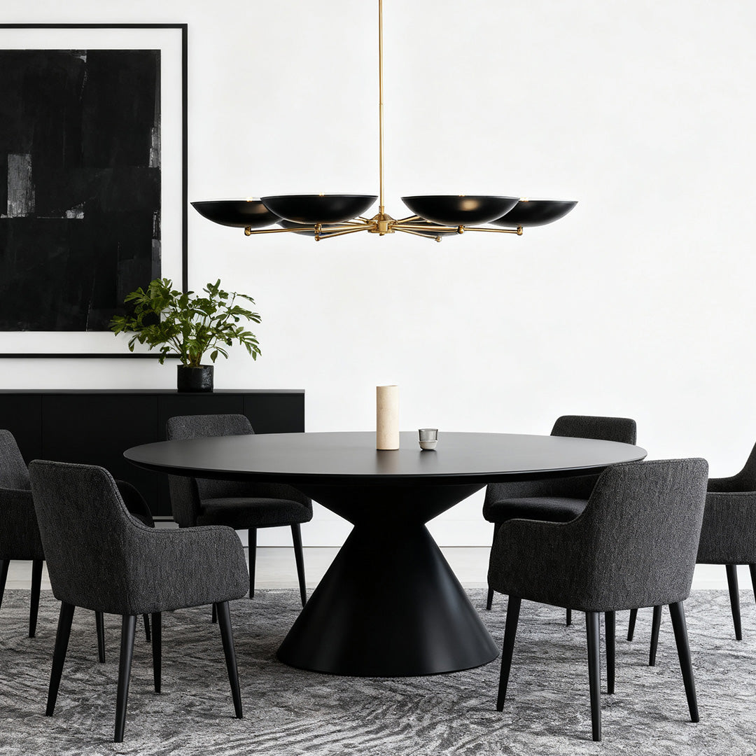 Black and Gold Six-Arm Disc Chandelier with Matte Black Shades and Brushed Gold Frame