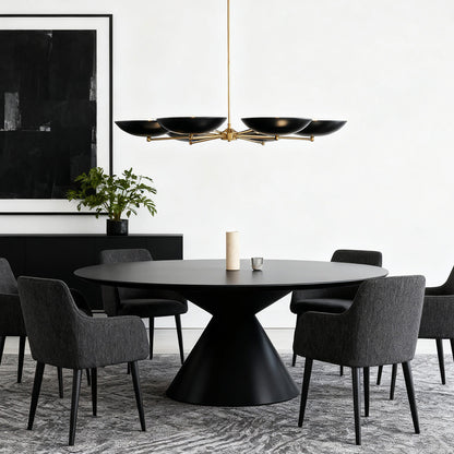 Black and Gold Six-Arm Disc Chandelier with Matte Black Shades and Brushed Gold Frame