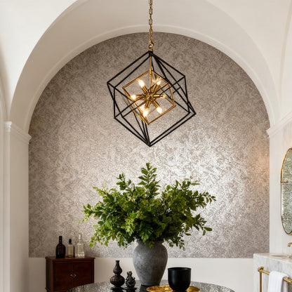 Square Geometric Pendant Light Industrial Black Gold Dual-Color Iron Frame E12 4-Light Dining Room Entryway 26 Inch