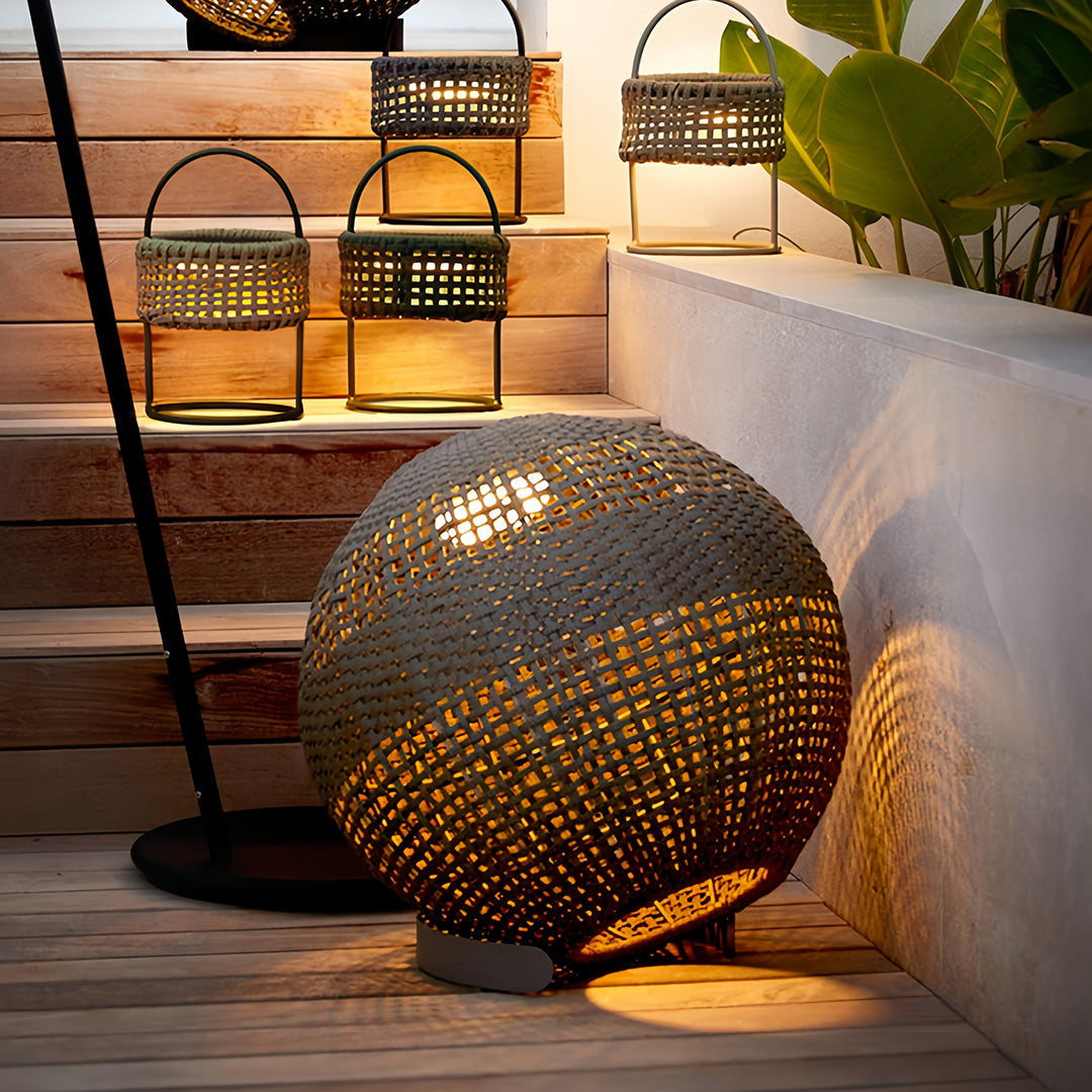 Woven Grass Vine Globe Outdoor Floor Lantern IP65 Solar/Hardwired 3000K Stainless Steel
