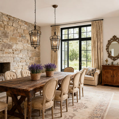 Italian Gothic Lantern Pendant Antique Bronze Iron 3-Light Transparent Glass E12 Dining Foyer