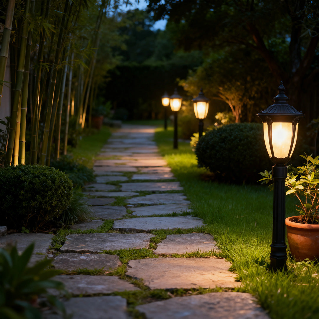 Traditional European Style Garden Post Light Black Aluminum Glass Lantern 9W 31 Inch Carved