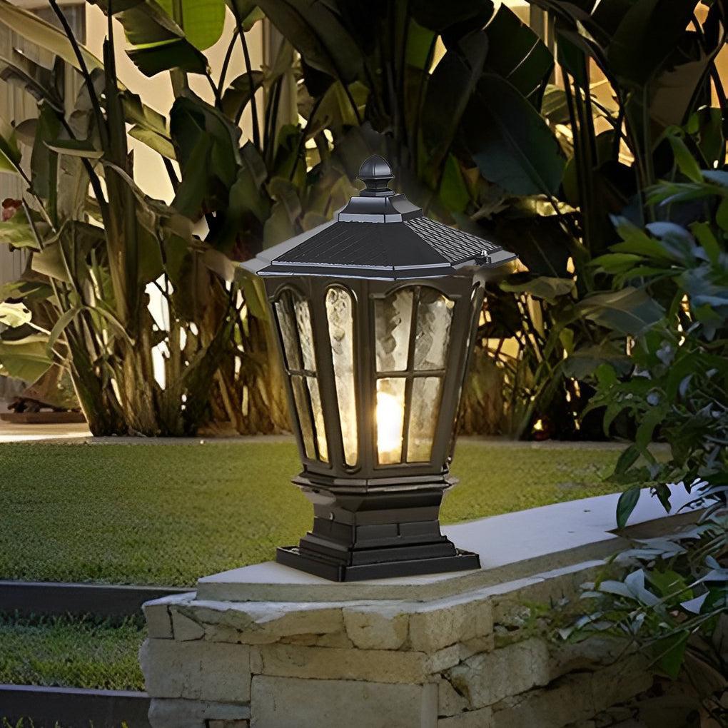 Retro Pavilion Style Outdoor Pillar Light Black or Bronze Die-Cast Aluminum Solar or Hardwired IP65 Glass
