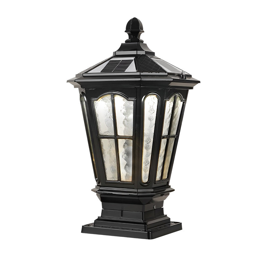 Retro Pavilion Style Outdoor Pillar Light Black or Bronze Die-Cast Aluminum Solar or Hardwired IP65 Glass