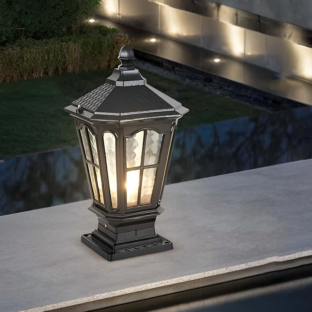 Retro Pavilion Style Outdoor Pillar Light Black or Bronze Die-Cast Aluminum Solar or Hardwired IP65 Glass