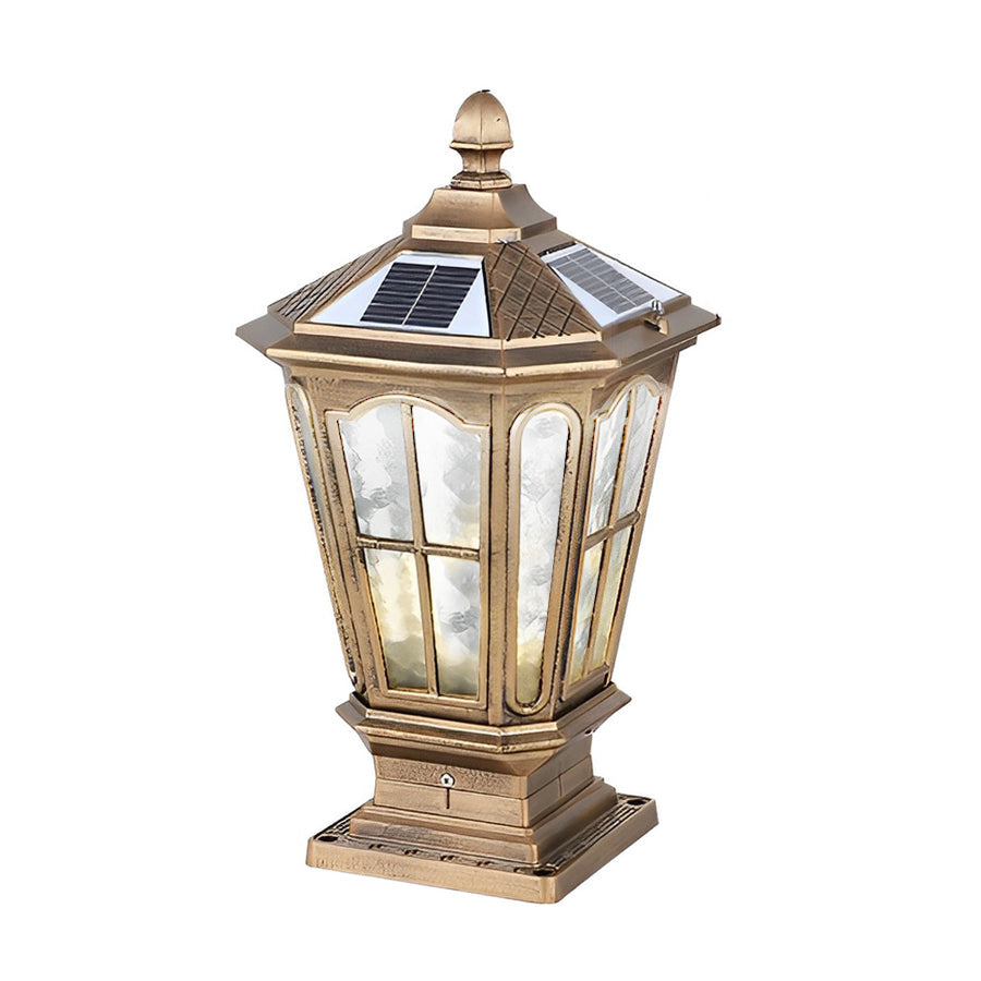Retro Pavilion Style Outdoor Pillar Light Black or Bronze Die-Cast Aluminum Solar or Hardwired IP65 Glass