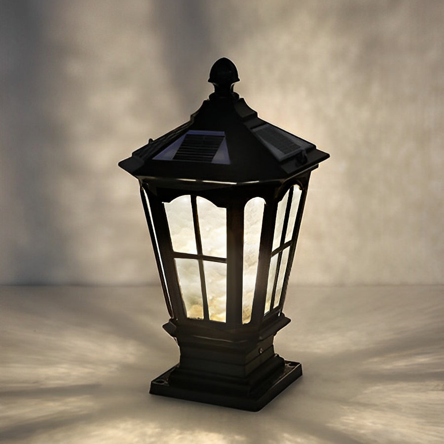 Retro Pavilion Style Outdoor Pillar Light Black or Bronze Die-Cast Aluminum Solar or Hardwired IP65 Glass