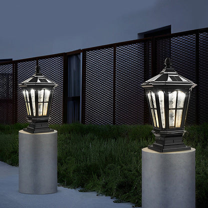 Retro Pavilion Style Outdoor Pillar Light Black or Bronze Die-Cast Aluminum Solar or Hardwired IP65 Glass