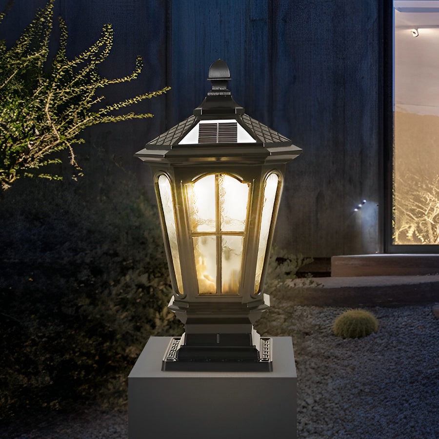 Retro Pavilion Style Outdoor Pillar Light Black or Bronze Die-Cast Aluminum Solar or Hardwired IP65 Glass