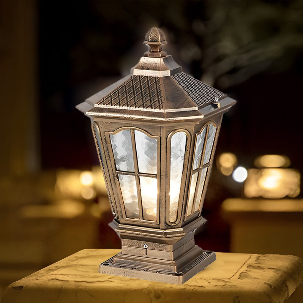 Retro Pavilion Style Outdoor Pillar Light Black or Bronze Die-Cast Aluminum Solar or Hardwired IP65 Glass