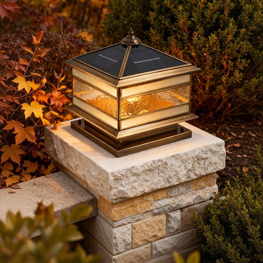 Vintage Copper Outdoor Pillar Light H65 Brass Solar or Hardwired IP54 Tempered Glass 3 Sizes Fence Post