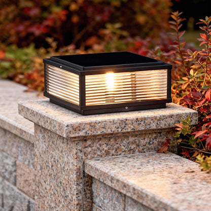 Square Ribbed Glass Outdoor Pillar Light Black Die-Cast Aluminum Solar or Hardwired 5 Widths Pier Mount