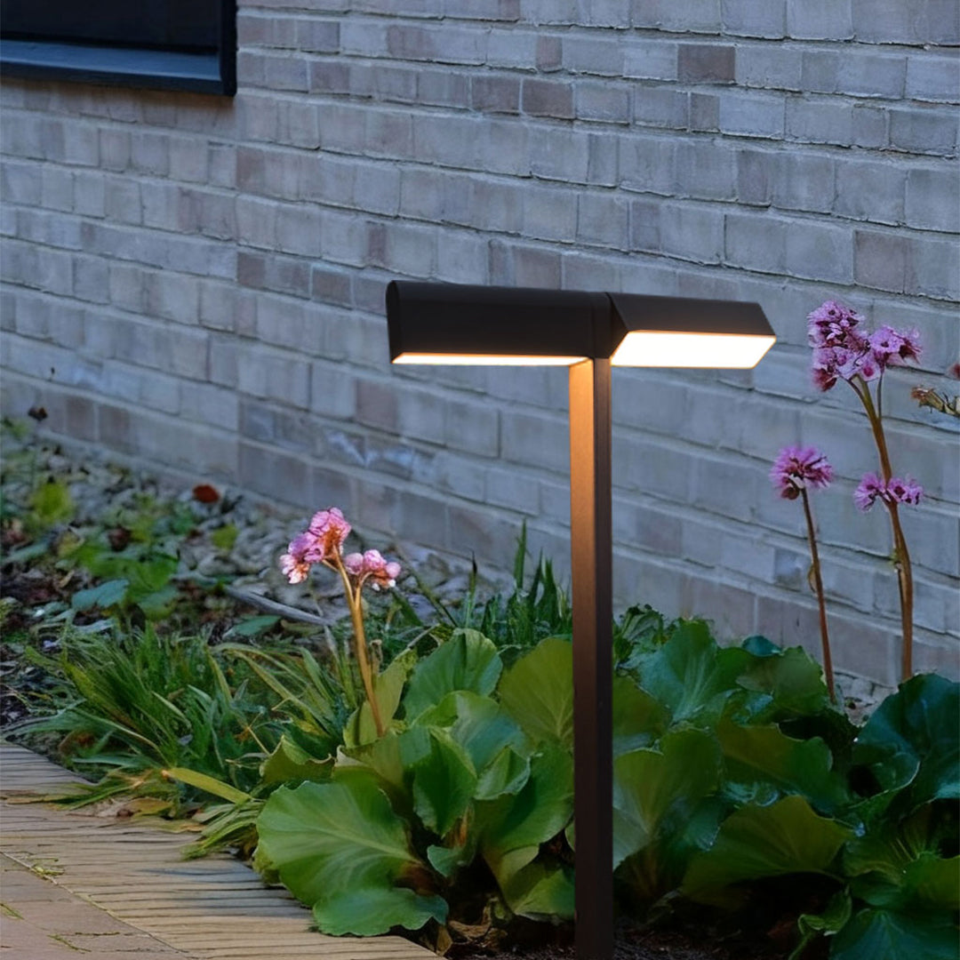 Modern Outdoor LED Pathway Light Dual Head Aluminum Gray Black 19.8 27.7 Inch