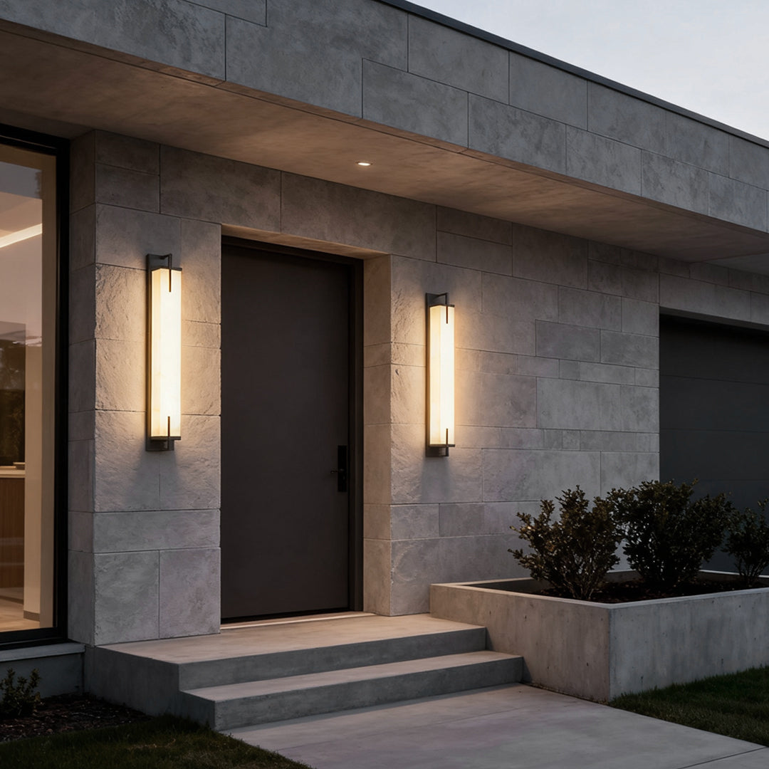 Modern LED Outdoor Wall Sconce Natural Marble Shade Stainless Steel 20W 3CCT Black 28 Inch