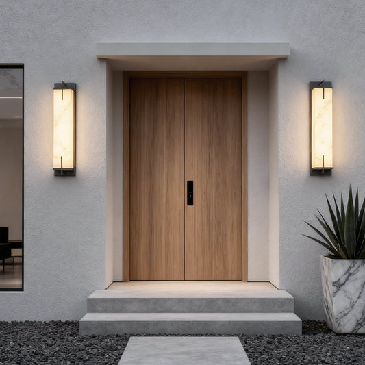 Modern LED Outdoor Wall Sconce Natural Marble Shade Stainless Steel 20W 3CCT Black 28 Inch