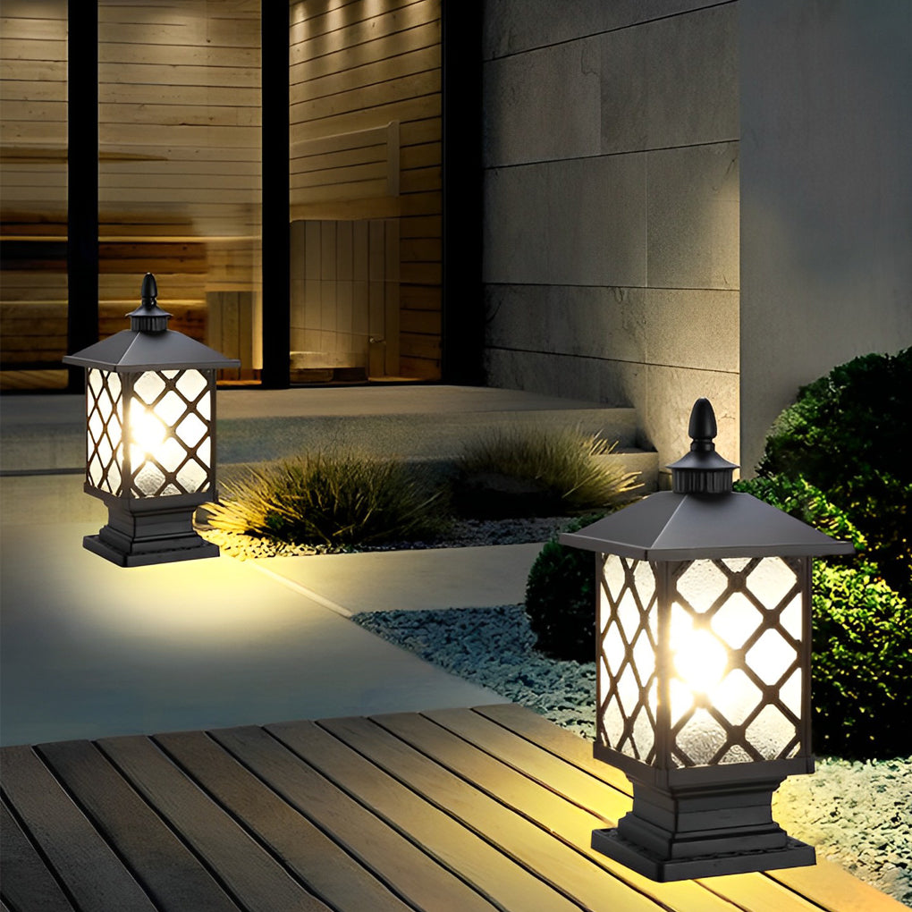 Retro Die-Cast Aluminum Frosted Glass Outdoor Pillar Light Black or Bronze 3 Grid Styles IP55 Hardwired E27