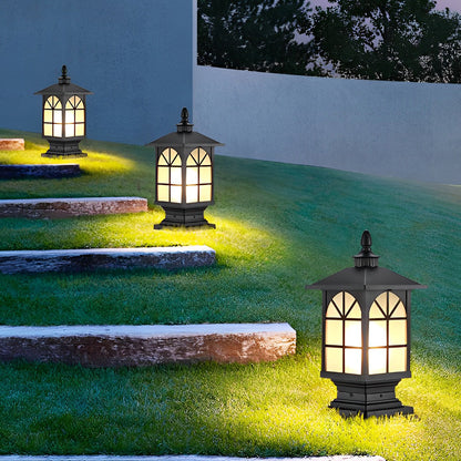 Retro Die-Cast Aluminum Frosted Glass Outdoor Pillar Light Black or Bronze 3 Grid Styles IP55 Hardwired E27