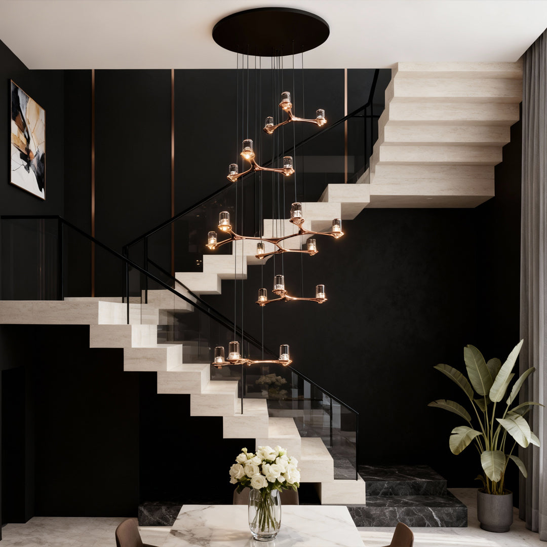 Staircase Chandelier Copper Crystal 18-Head 3D Geometric Matrix Integrated LED Terracotta Gold Nordic 3-Step Colour Temperature